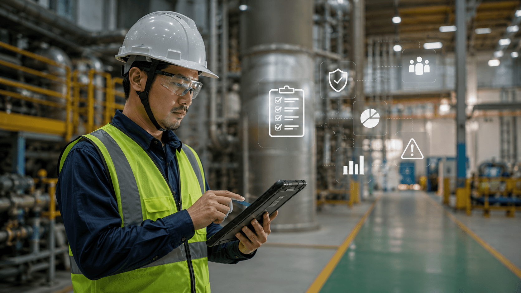 Petugas K3 menggunakan tablet rugged saat inspeksi di area industri